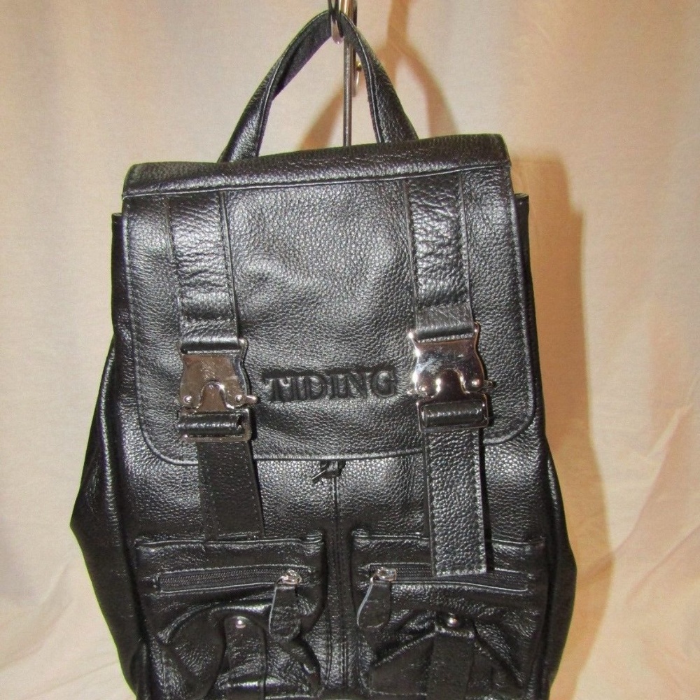 TIDING Womans Black Leather Drawstring Backpack